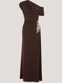 Monsoon Brown Trina Asymmetrical Embellished Jersey Maxi Dress