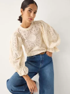 Monsoon Cream Imogen Lace Insert Blouson Blouse Sale