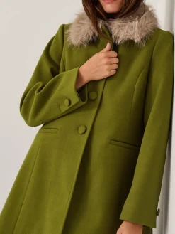 Monsoon Green Beatrice Faux Fur Collar Coat Sale
