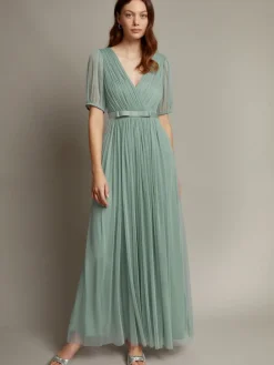 Monsoon Ellie Sheer Sleeve Plunge Tulle Maxi Dress Green Sale