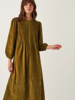 Monsoon Green Joyce Pintuck Embroidered Corduroy Midi Dress Online