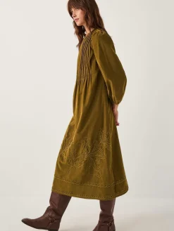 Monsoon Green Joyce Pintuck Embroidered Corduroy Midi Dress Online