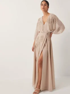 Monsoon Skyla Floral Print Embellished Maxi Wrap Dress Nude Outlet