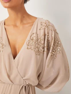 Monsoon Skyla Floral Print Embellished Maxi Wrap Dress Nude Outlet