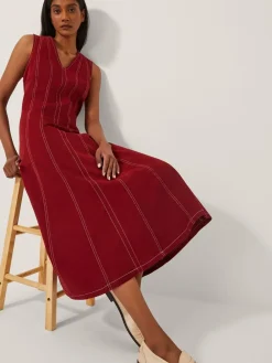 Monsoon Red Hope Sleeveless A-Line Denim Midi Dress Clearance