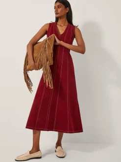 Monsoon Red Hope Sleeveless A-Line Denim Midi Dress Clearance