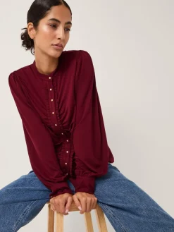 Monsoon Red Jayne Ruched Frill Jersey Blouse Online