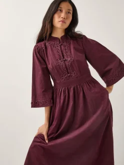 Monsoon Red Jimena Embroidered Corduroy Midi Dress Outlet