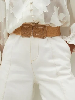 Next Natural Square Buckle Wide Raffia Effect Belt Sale