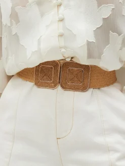 Next Natural Square Buckle Wide Raffia Effect Belt Sale