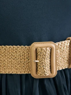 Next Natural/Gold Wide Raffia Effect Belt New