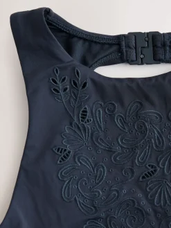 Next Navy Blue Broderie Cutwork High Neck Tummy Control Swimsuit New