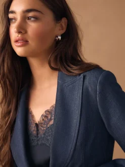 Next Navy Blue Denim Look Fitted Single Breasted Blazer New