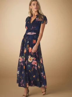 Next Pleated Mesh Print V-Neck Occasion Maxi Dress Navy Blue Floral Best