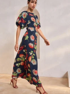 Next Print Puff Sleeve Midi Dress Navy Blue Floral