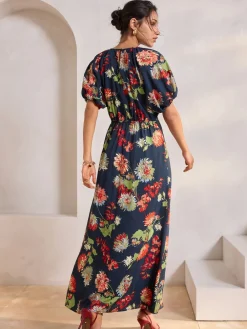 Next Print Puff Sleeve Midi Dress Navy Blue Floral