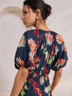 Next Print Puff Sleeve Midi Dress Navy Blue Floral