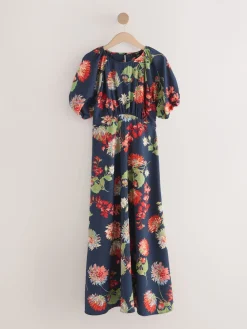 Next Print Puff Sleeve Midi Dress Navy Blue Floral