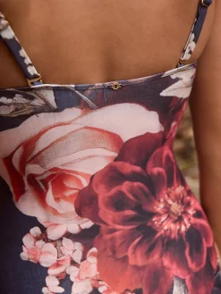 Next Navy Blue Floral Shaping Tummy Control Bandeau Swimsuit Outlet