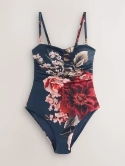 Next Navy Blue Floral Shaping Tummy Control Bandeau Swimsuit Outlet