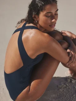 Next Navy Blue High Neck Lattice Tummy Control Swimsuit Hot