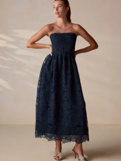 Next Navy Blue Lace Bandeau Midi Dress Clearance