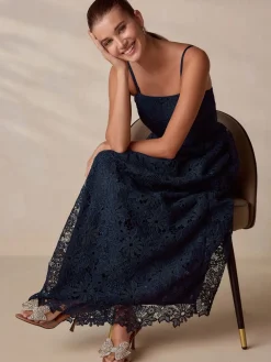 Next Navy Blue Lace Bandeau Midi Dress Clearance