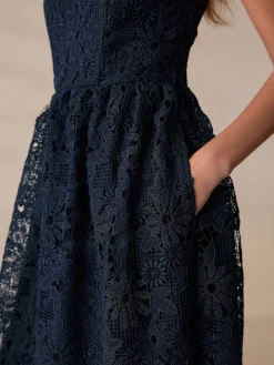Next Navy Blue Lace Bandeau Midi Dress Clearance