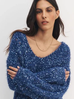 Next Fuzzy Texture V-Neck Knitted Jumper Navy Blue Neppy Clearance