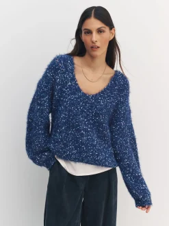 Next Fuzzy Texture V-Neck Knitted Jumper Navy Blue Neppy Clearance