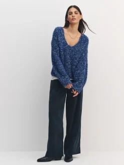 Next Fuzzy Texture V-Neck Knitted Jumper Navy Blue Neppy Clearance
