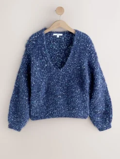 Next Fuzzy Texture V-Neck Knitted Jumper Navy Blue Neppy Clearance