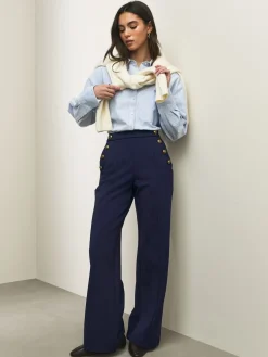 Next Ponte Wide Leg Trousers With Gold Button Detailing Navy Blue Sale
