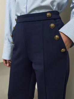 Next Ponte Wide Leg Trousers With Gold Button Detailing Navy Blue Sale