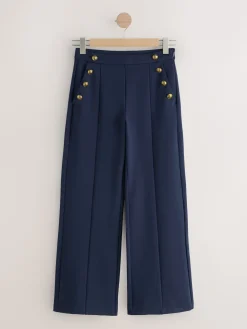 Next Ponte Wide Leg Trousers With Gold Button Detailing Navy Blue Sale