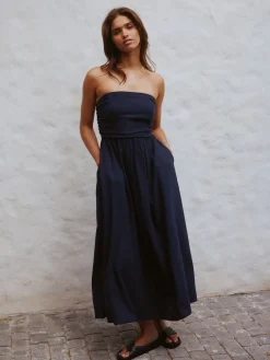 Next Ruched Bandeau Midi Dress with Linen Navy Blue New