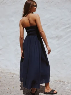 Next Ruched Bandeau Midi Dress with Linen Navy Blue New
