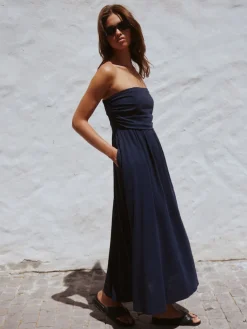 Next Ruched Bandeau Midi Dress with Linen Navy Blue New