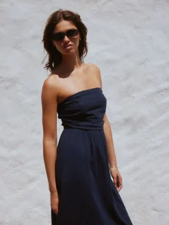 Next Ruched Bandeau Midi Dress with Linen Navy Blue New