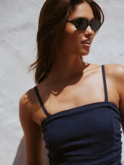 Next Ruched Bandeau Midi Dress with Linen Navy Blue New