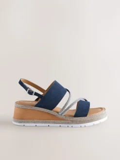 Next Standard/Wide Fit Leather Bling Detail Slingback Sports Wedge Sandals Navy Blue New