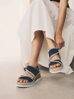 Next Standard/Wide Fit Leather Bling Detail Slingback Sports Wedge Sandals Navy Blue New