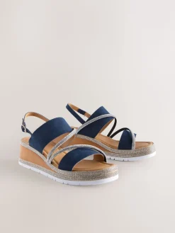 Next Standard/Wide Fit Leather Bling Detail Slingback Sports Wedge Sandals Navy Blue New