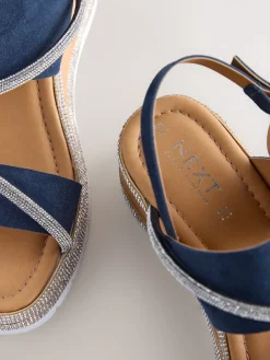 Next Standard/Wide Fit Leather Bling Detail Slingback Sports Wedge Sandals Navy Blue New
