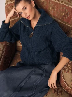 Next Navy Blue Stitchy Knitted Zip Up Collar Cardigan Clearance