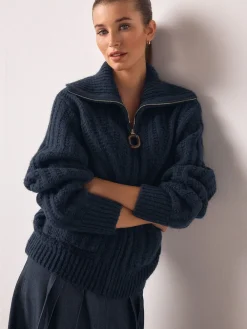 Next Navy Blue Stitchy Knitted Zip Up Collar Cardigan Clearance