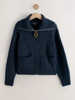 Next Navy Blue Stitchy Knitted Zip Up Collar Cardigan Clearance