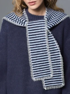 Next Scarf Layer Lace Trim Knitted Jumper Navy Blue Stripe New