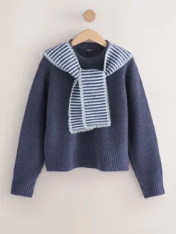 Next Scarf Layer Lace Trim Knitted Jumper Navy Blue Stripe New
