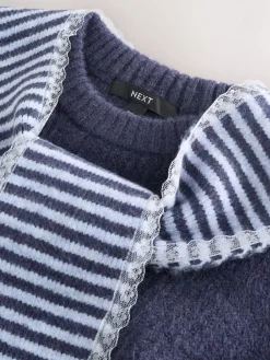 Next Scarf Layer Lace Trim Knitted Jumper Navy Blue Stripe New